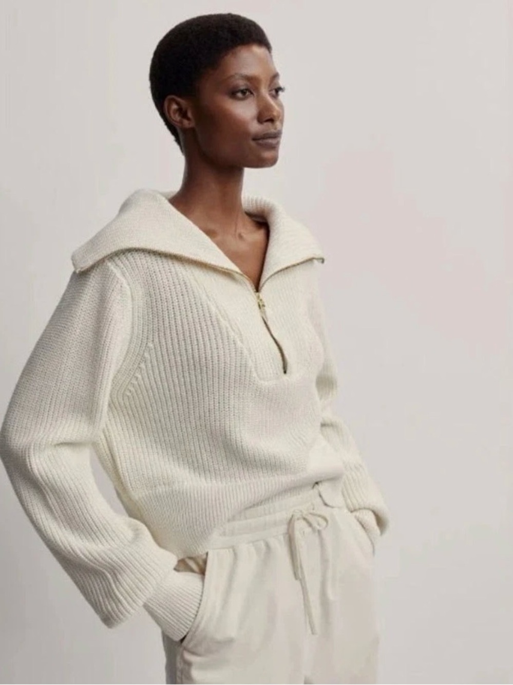 Varley Mentone Half Zip Pullover Sweater in Egret ribbed knit Small